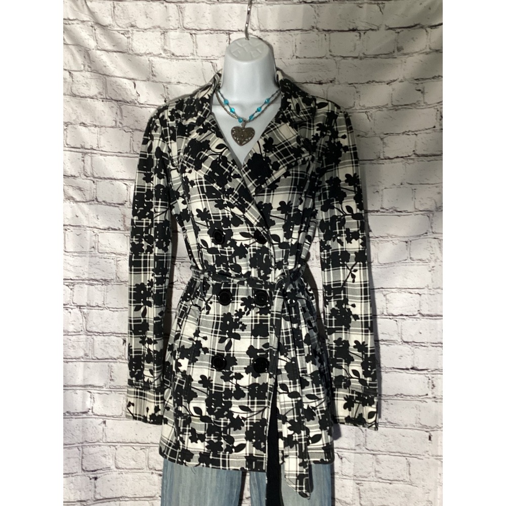 Self Esteem Jacket Womens Medium Black White Floral Plaid Trench Y2K